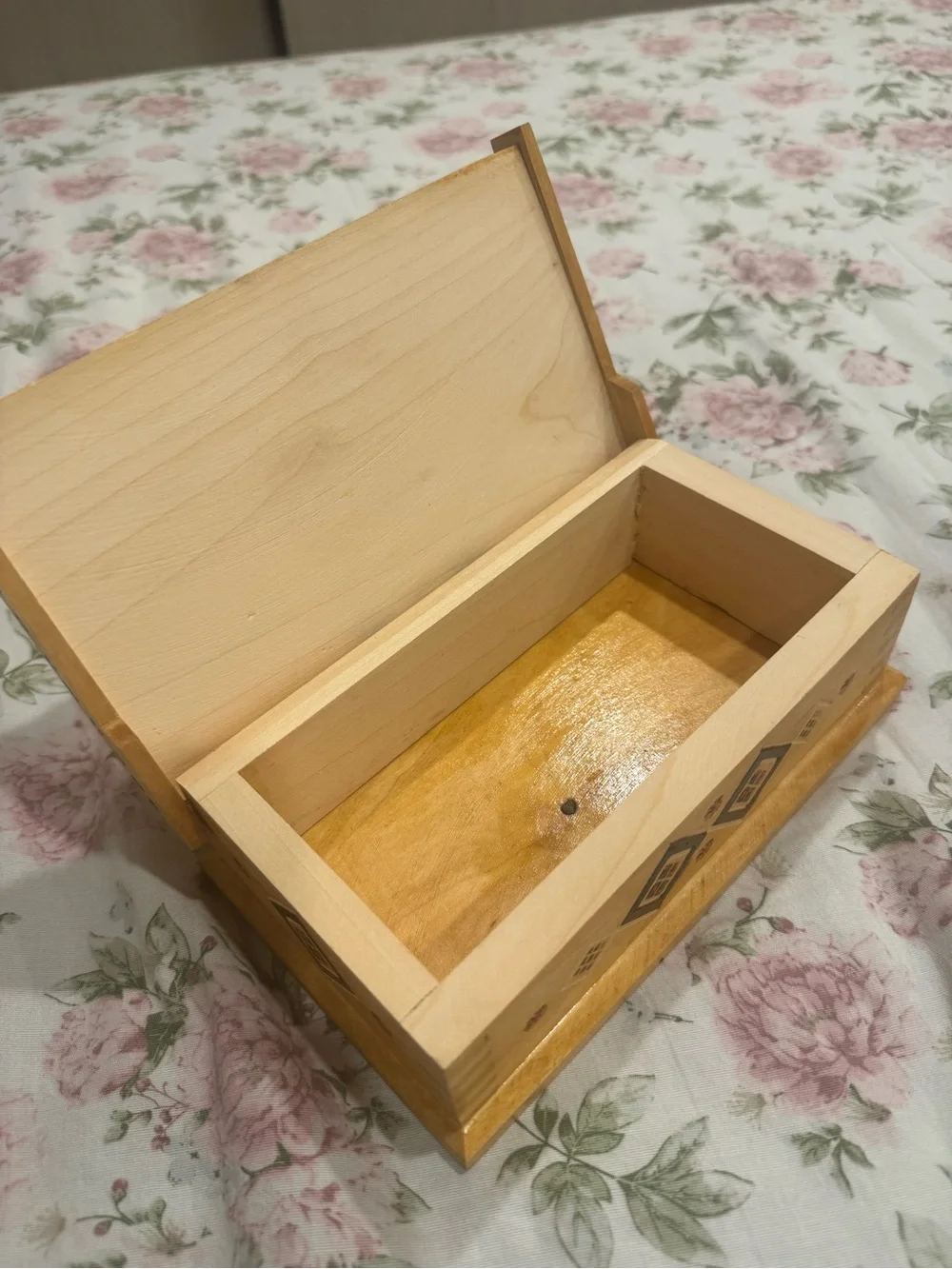 Hand-Painted Wooden Keepsake Box with Geometric Inlay